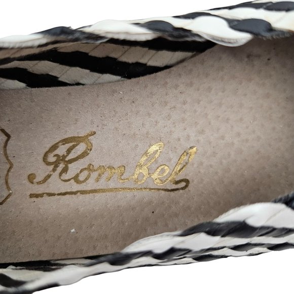 Vintage Rombel Shoes Womens 38 Navy Blue White Striped Woven Block Heels 7.5 - Picture 9 of 10